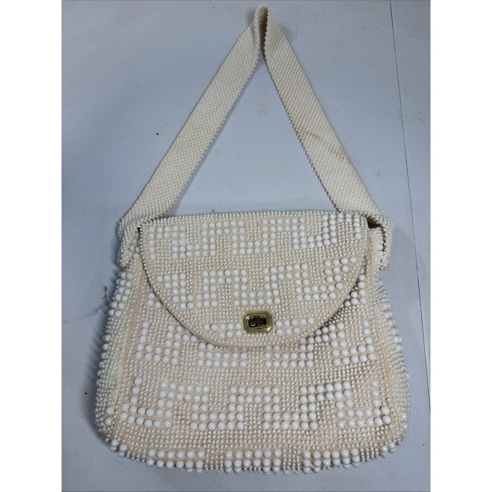 VTG Cream White Plastic Beaded Shoulder Bag Made Hong Kong‎ 60s 70s Purse